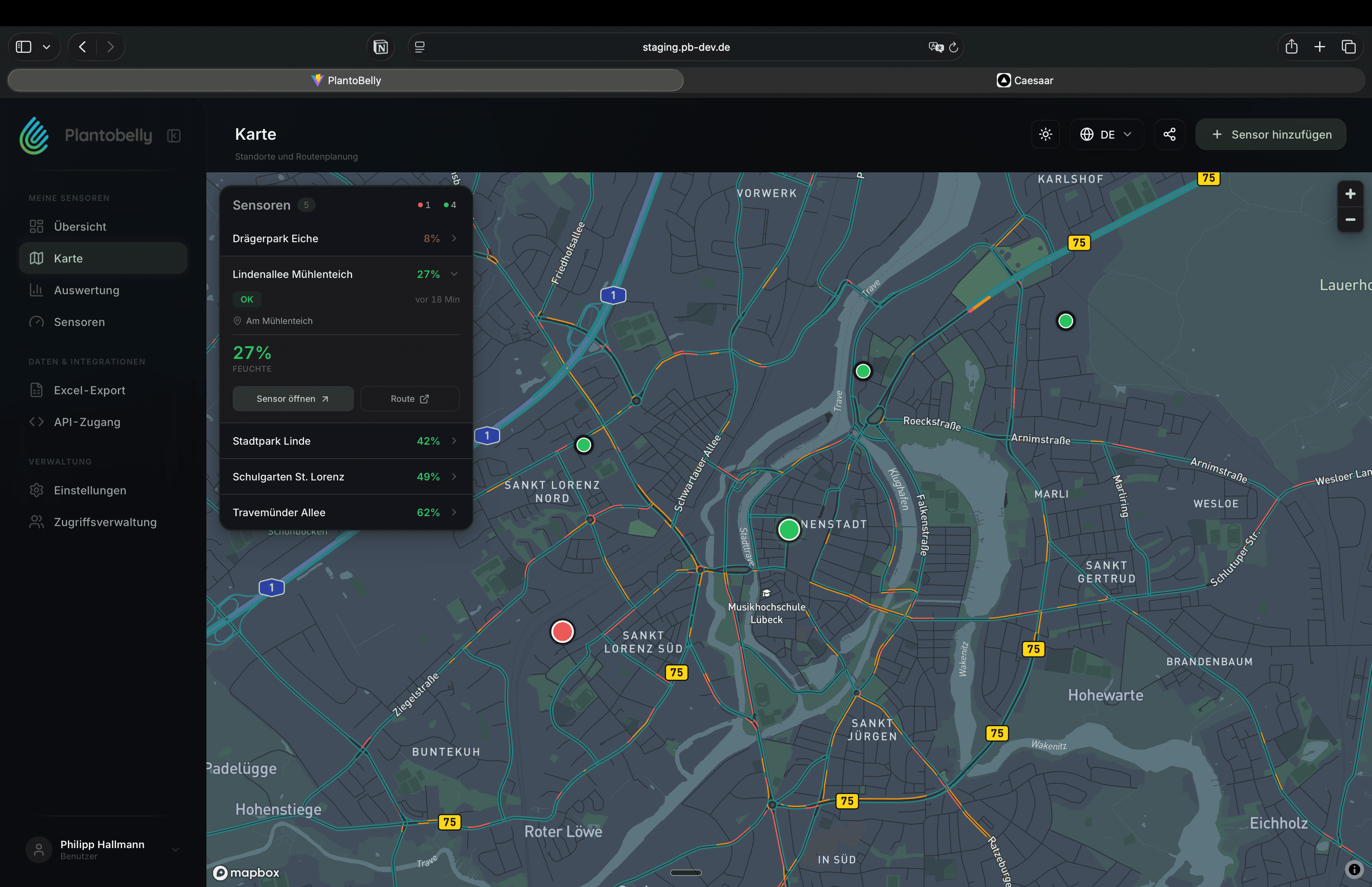 Interaktive Kartenansicht mit Sensorstandorten in Lübeck