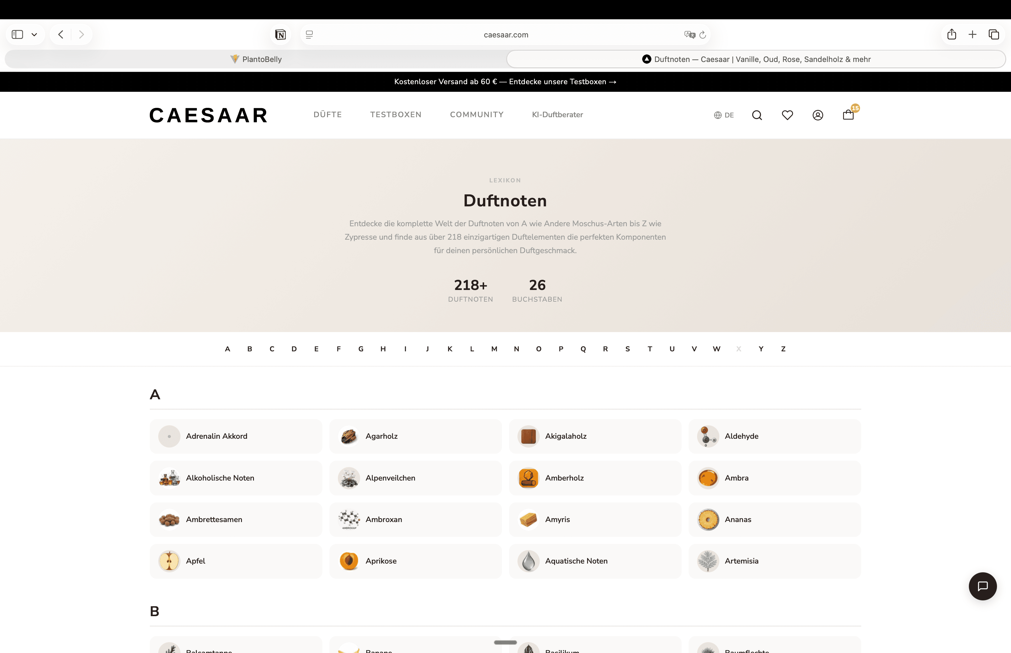 Duftnoten-Lexikon mit 218+ Noten und A-Z-Navigation