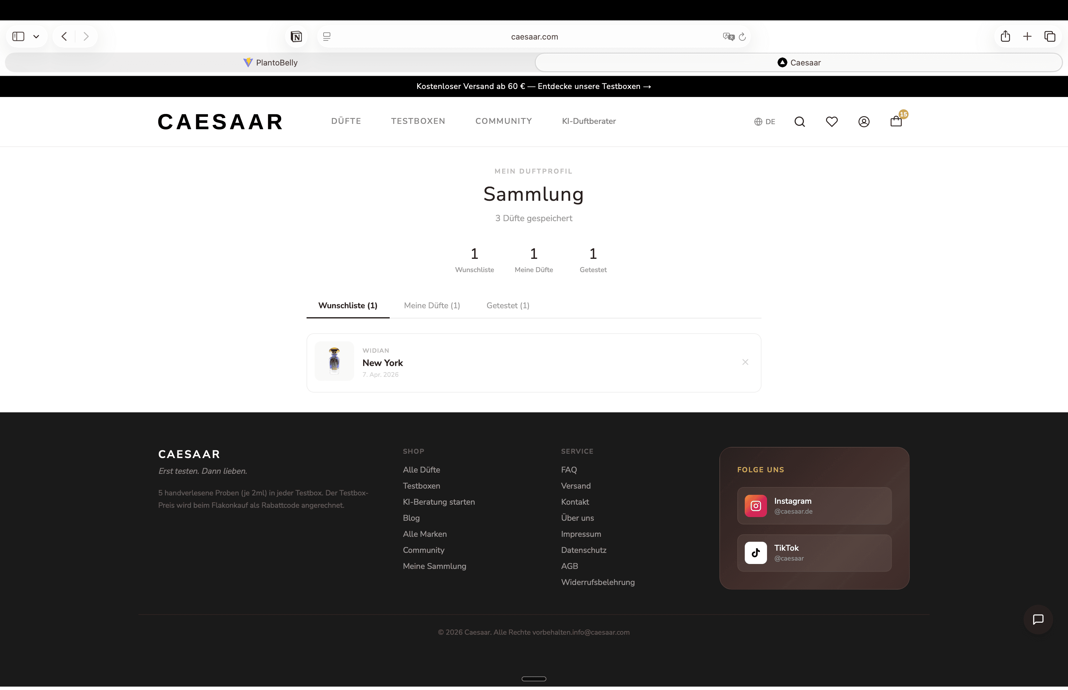 Duftprofil-Seite mit Wunschliste und Sammlung
