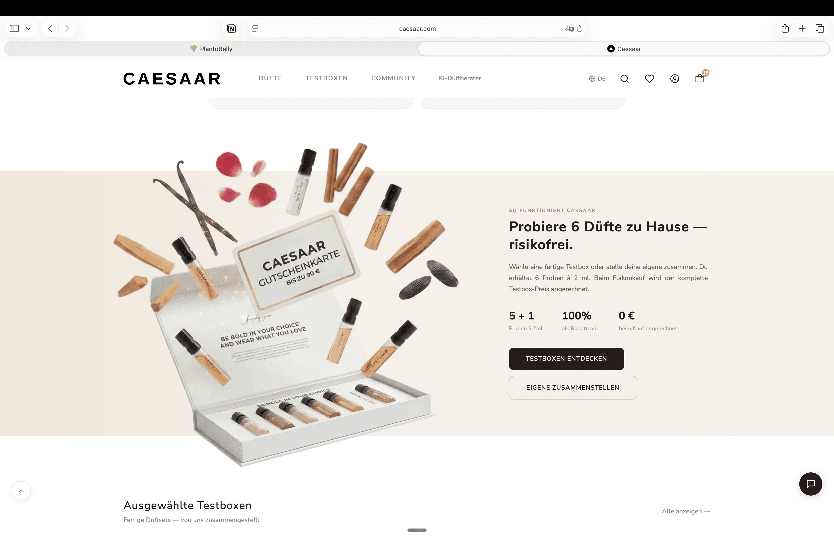 Testbox-Seite: Probiere 6 Düfte zu Hause