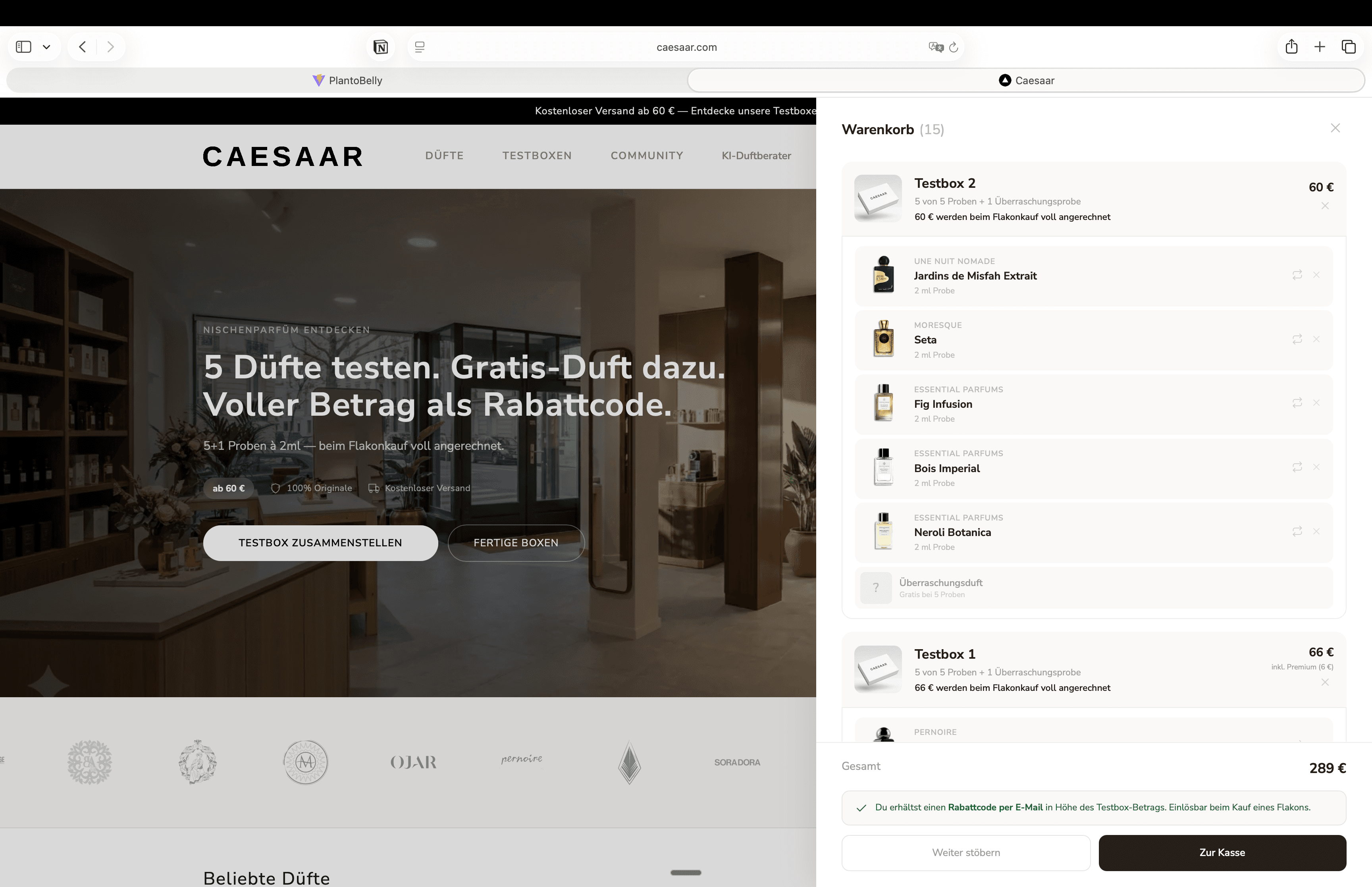 Warenkorb mit zwei konfigurierten Testboxen